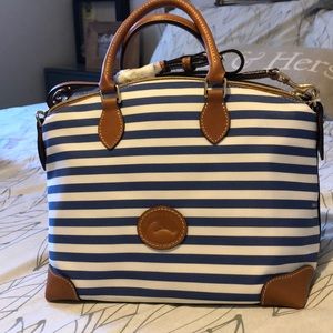 Blue and white striped Dooney and Bourke satchel